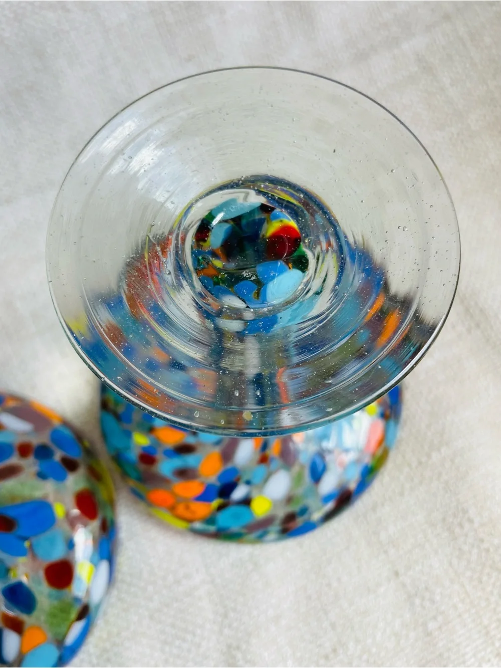 (2) Crate & Barrel Handblown Multicolor Speckled Glass Compote Martini Glasses